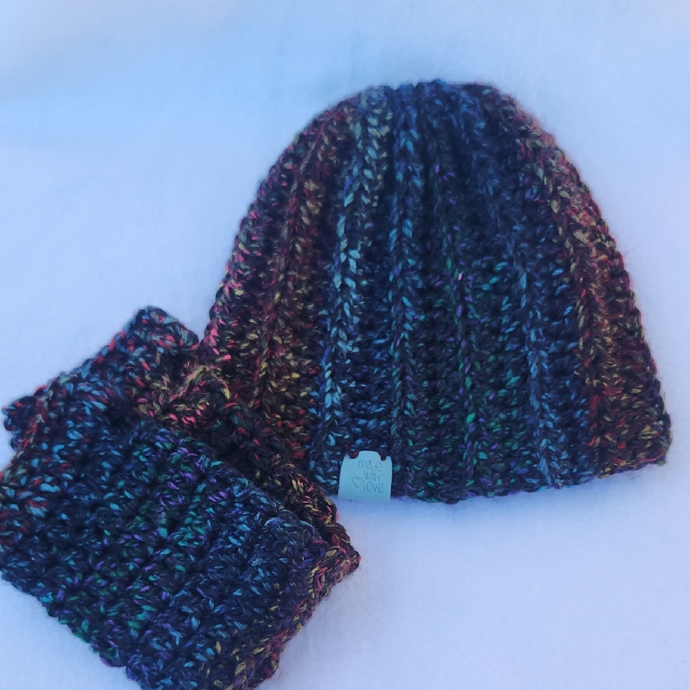 Handmade Chunky Crochet Messy Bun or Ponytail Beanie with Fingerless Mitts